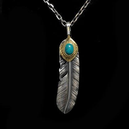 Right Feather Retro 925 Silver Goro Takahashi Pendant with Turquoise