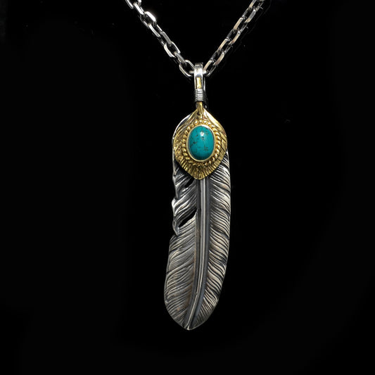 Right Feather Retro 925 Silver Goro Takahashi Pendant with Turquoise