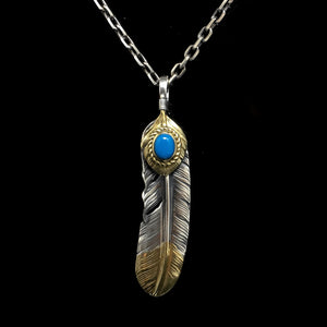 Right Feather Leaf Retro 925 Silver Goro Takahashi Pendant with Brass Turquoise