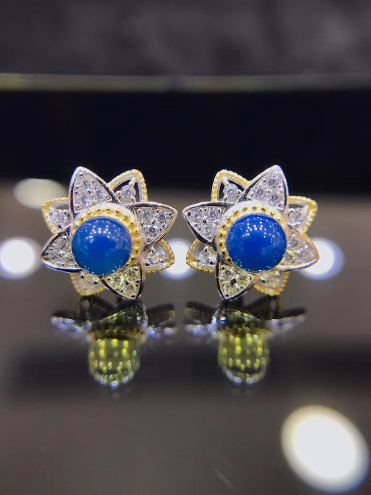 S925 Silver Dominican  Blue Amber Earrings ABDJ-E008