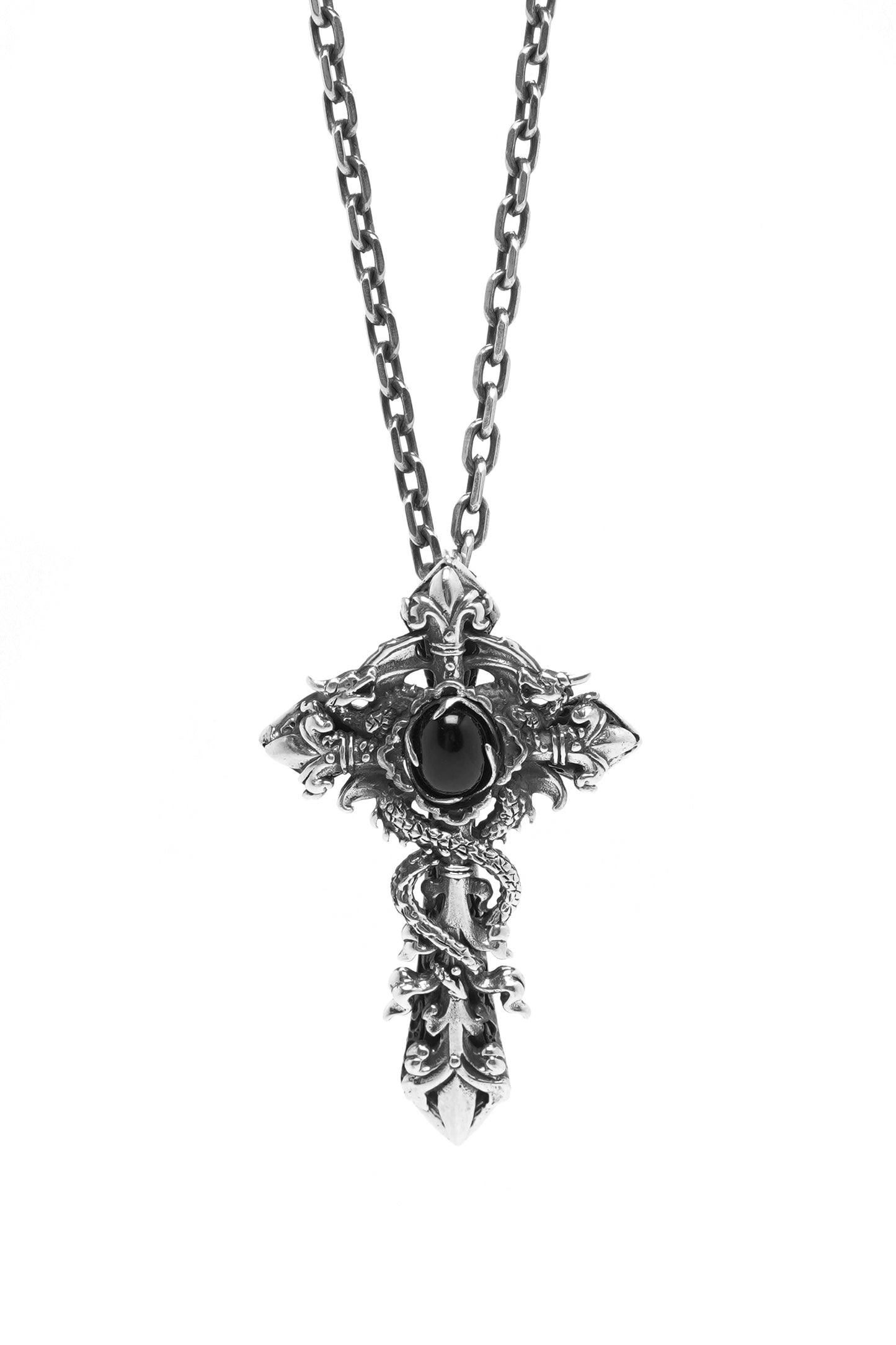 Antique Black Onyx Cross 925 Silver Pendant