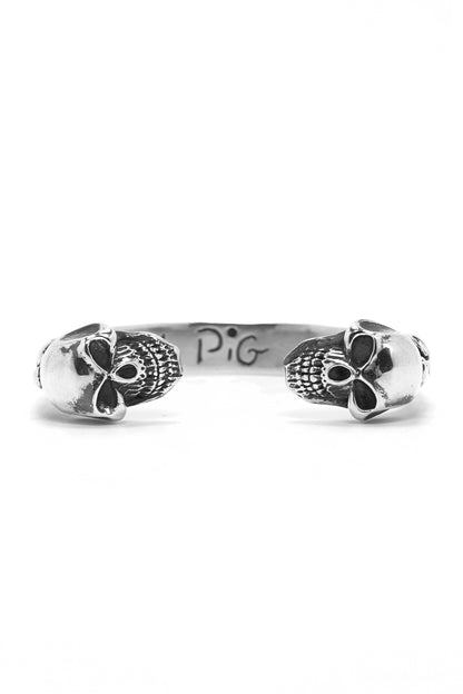 Retro Silver Domineering Double Skull Open Bangle