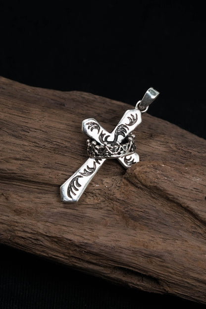 Antique Crown Pattern Cross 925 Silver Pendant