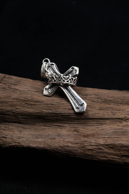 Antique Crown Pattern Cross 925 Silver Pendant
