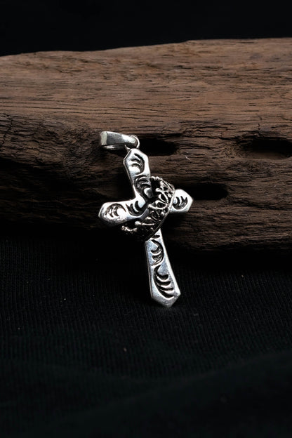 Antique Crown Pattern Cross 925 Silver Pendant