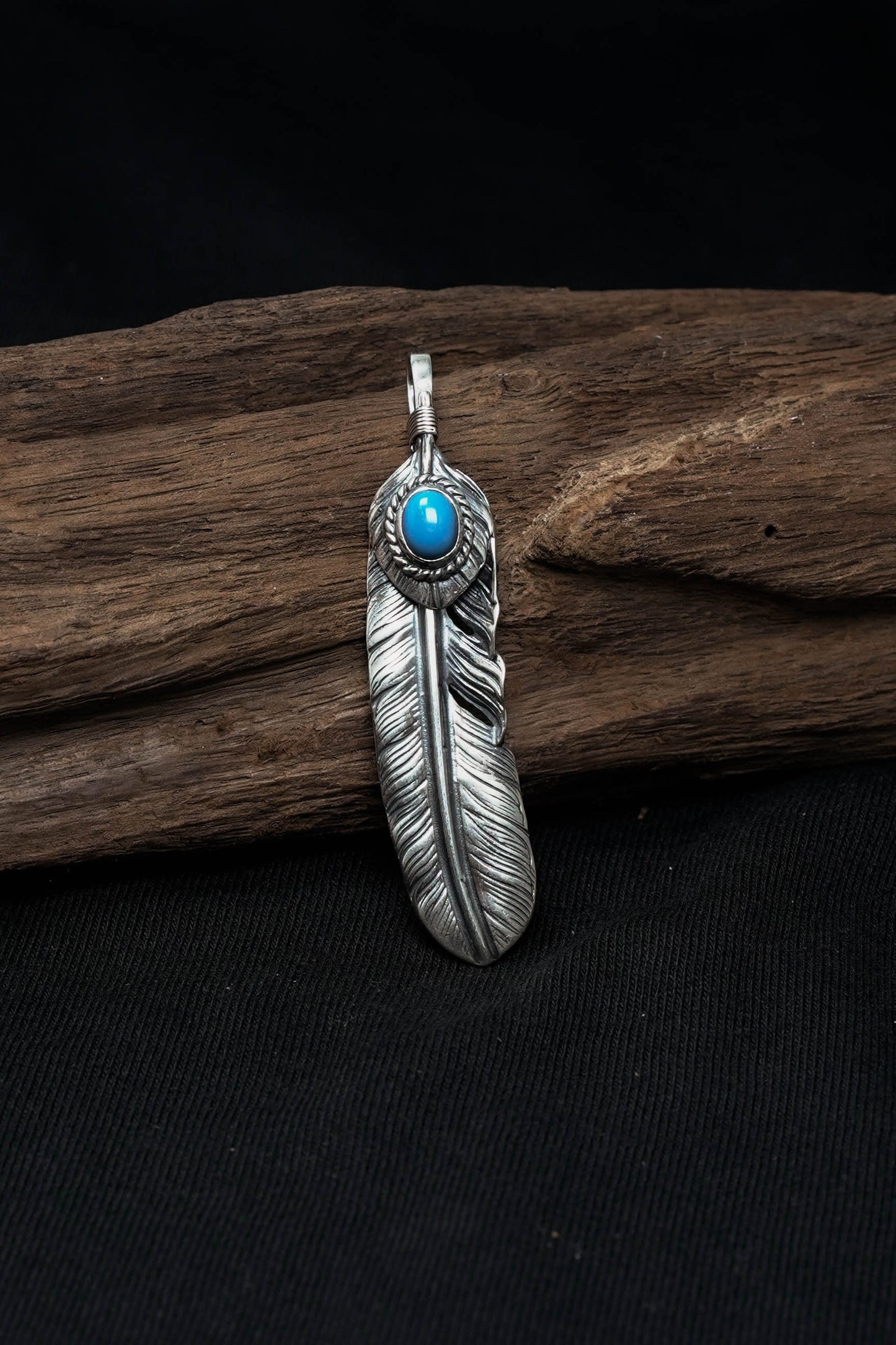 Left Feather Retro 925 Silver Goro Takahashi Pendant with Blue Turquoise