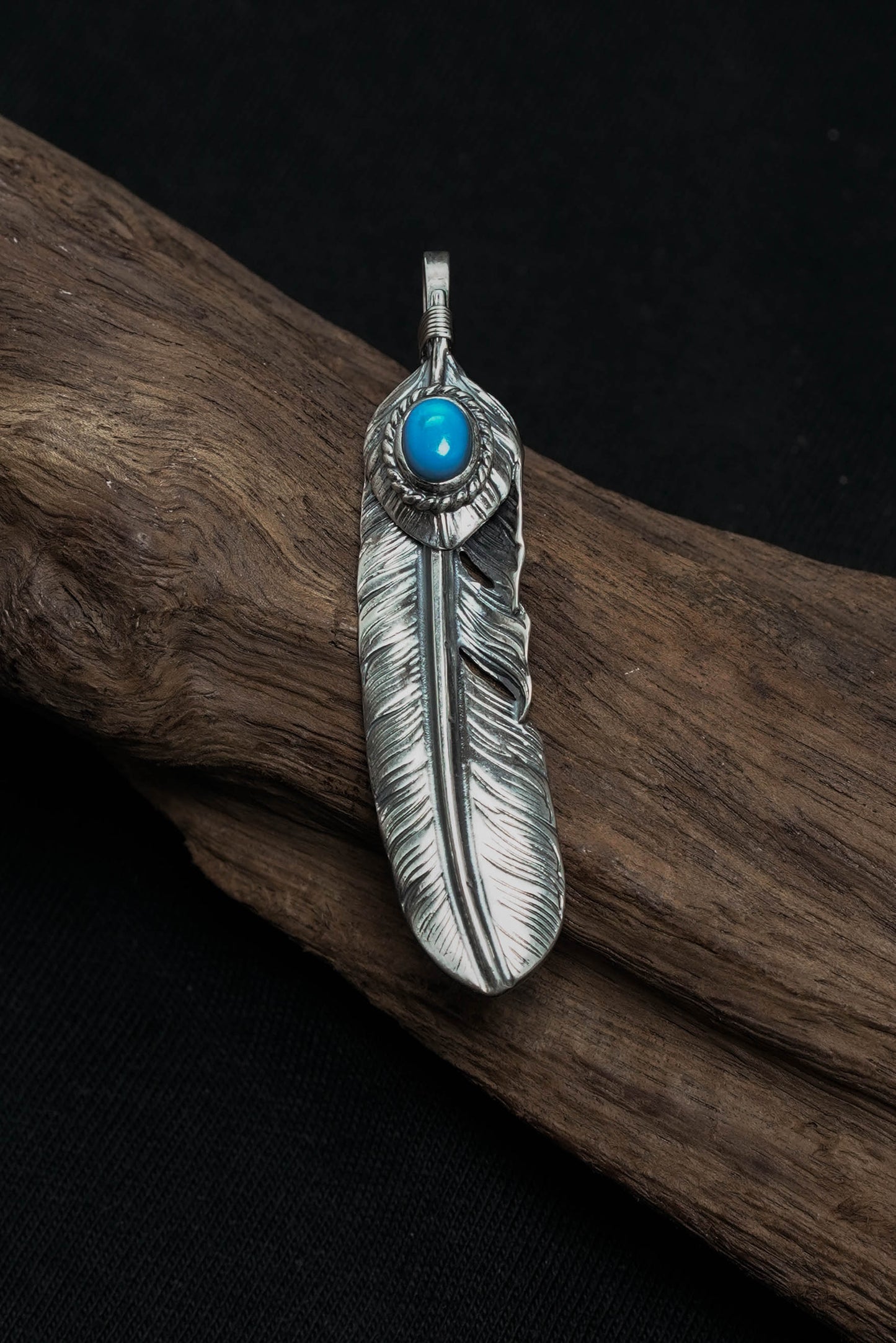 Left Feather Retro 925 Silver Goro Takahashi Pendant with Blue Turquoise
