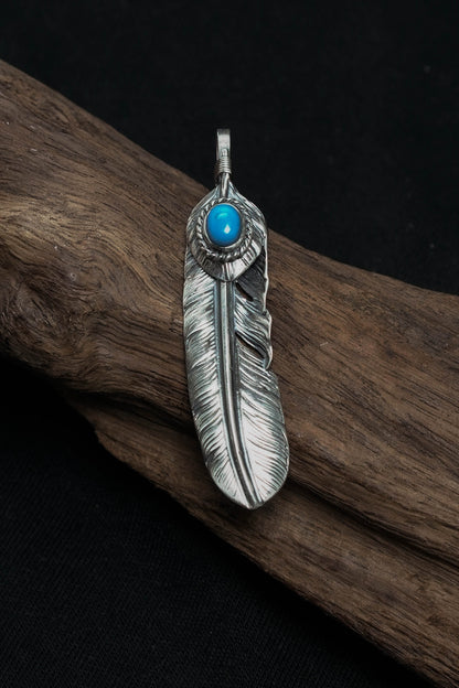 Left Feather Retro 925 Silver Goro Takahashi Pendant with Blue Turquoise