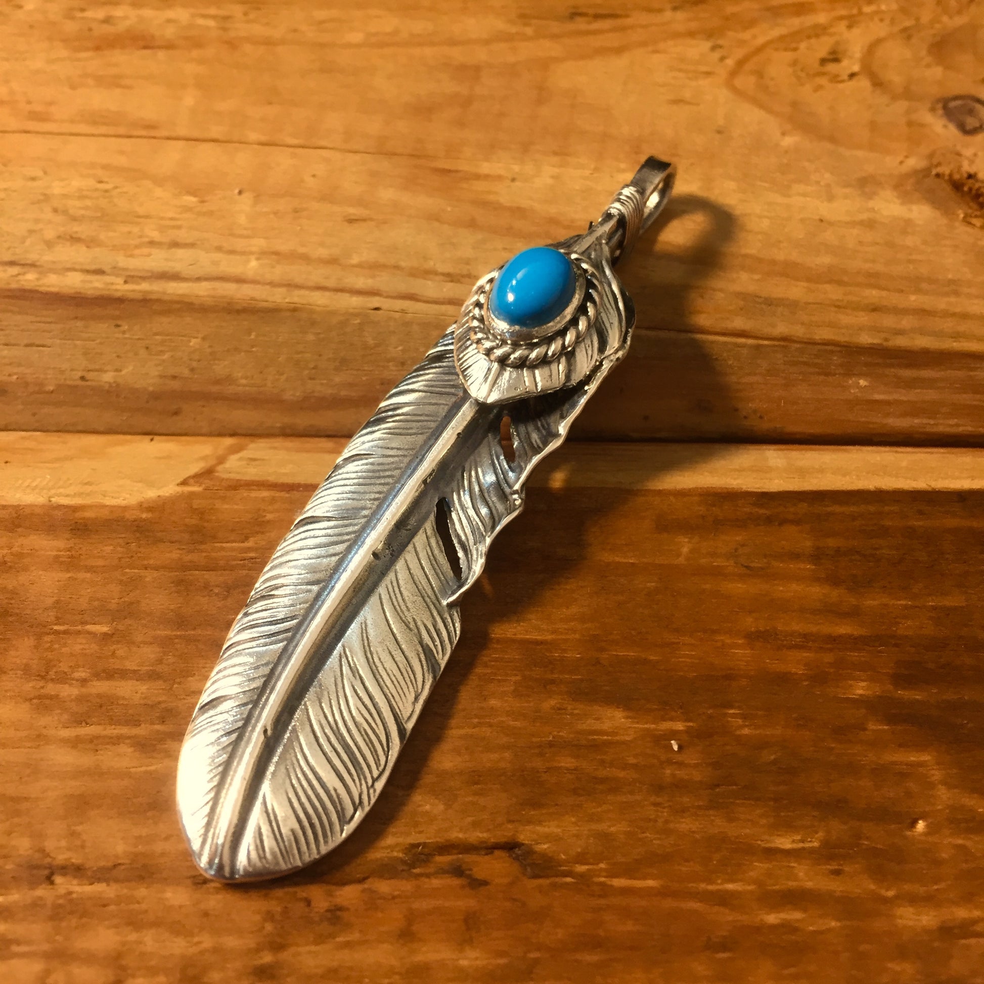 Left Feather Leaf Retro 925 Silver Goro Takahashi Pendant with Blue Turquoise