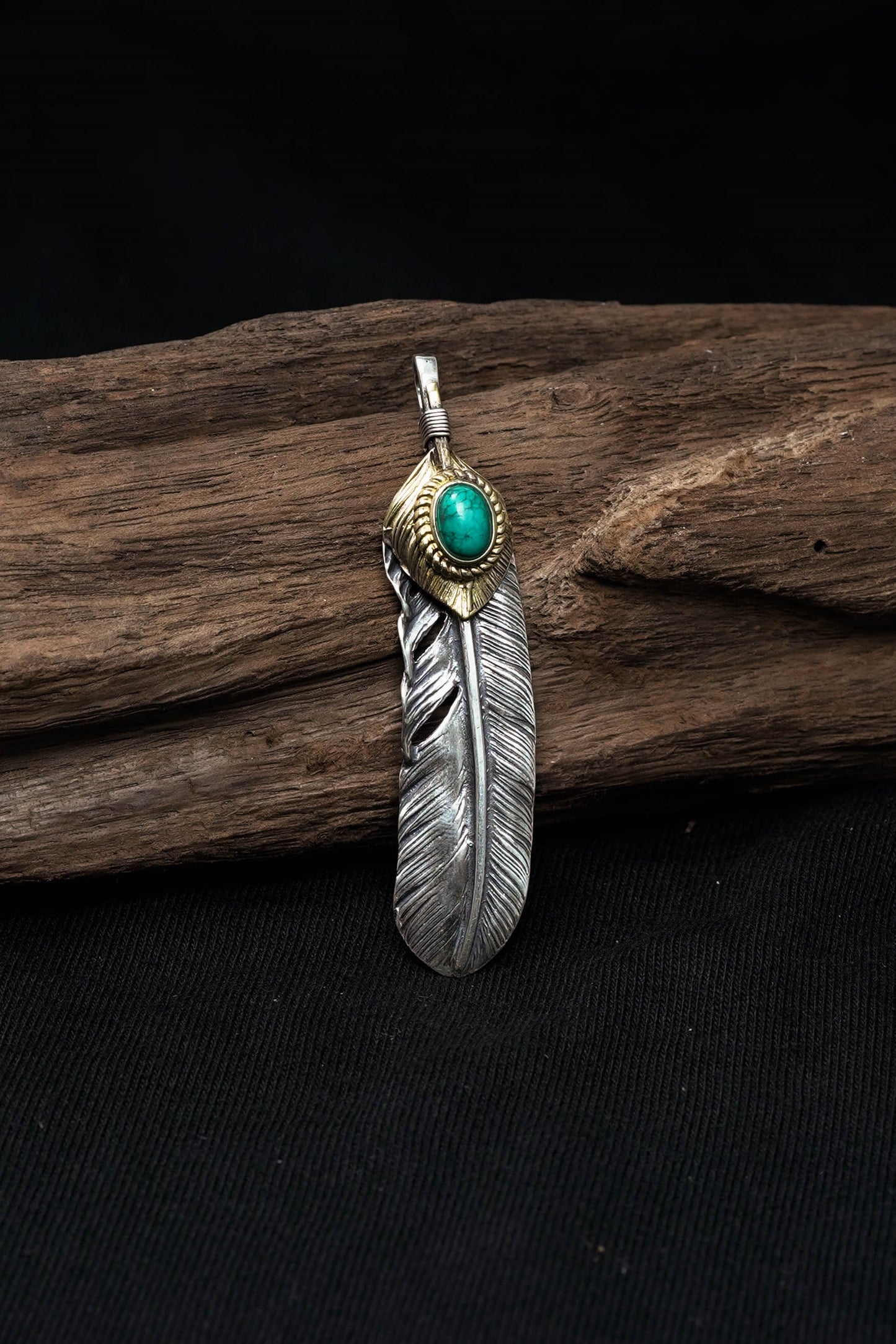 Right Feather Retro 925 Silver Goro Takahashi Pendant with Turquoise