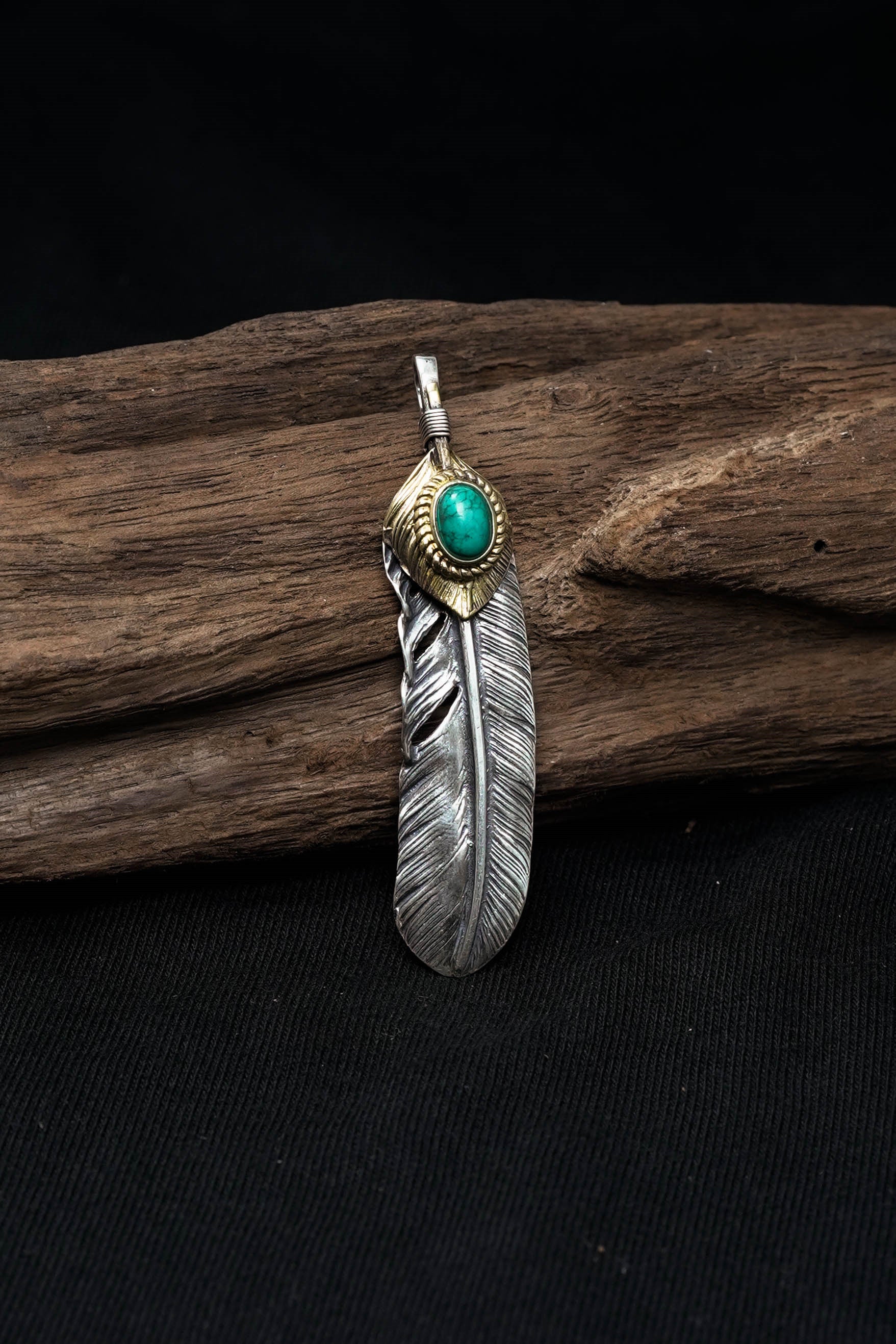 Right Feather Retro 925 Silver Goro Takahashi Pendant with Turquoise