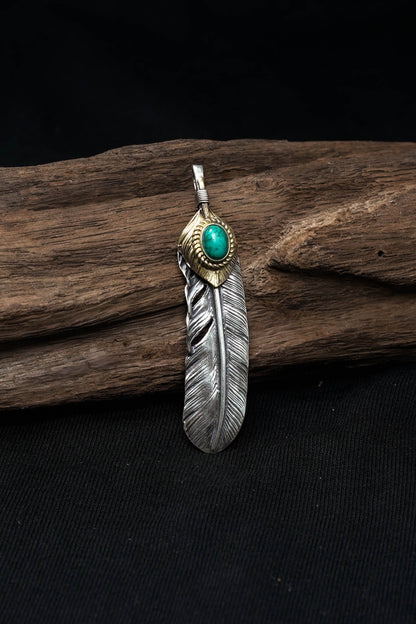 Right Feather Retro 925 Silver Goro Takahashi Pendant with Turquoise