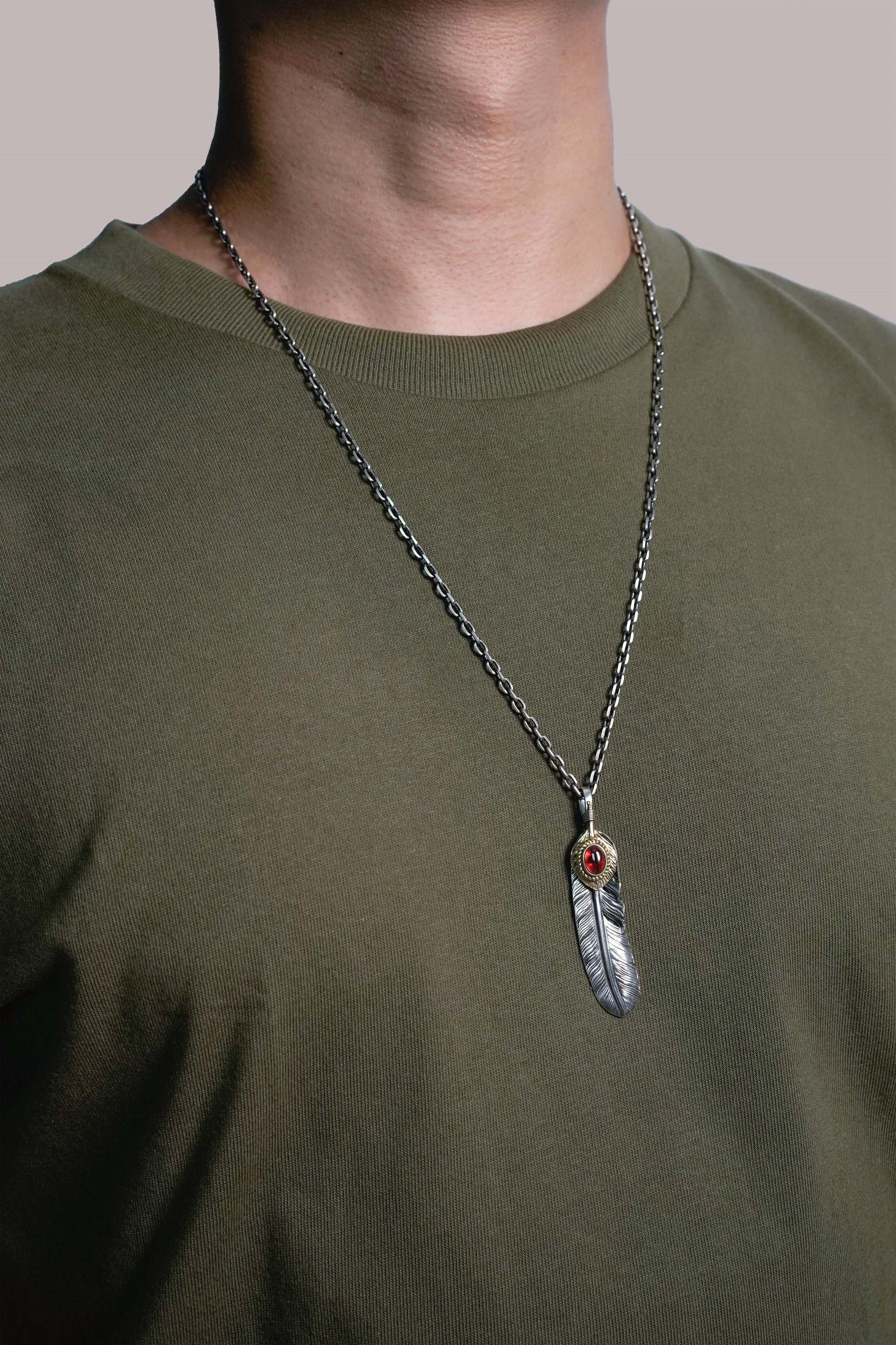 Left Feather Leaf Retro 925 Silver Goro Takahashi Pendant with Brass Red CZ