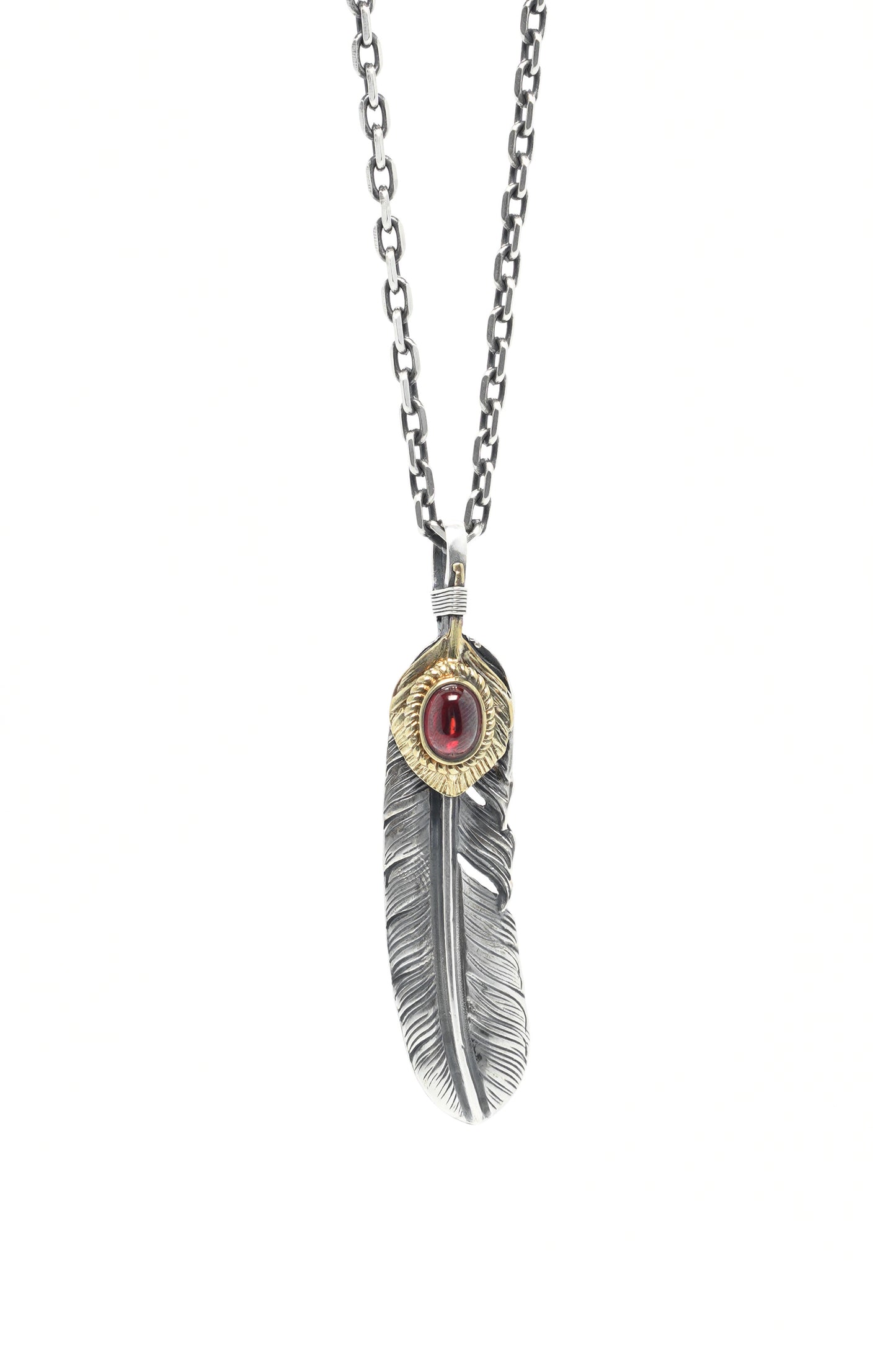 Left Feather Leaf Retro 925 Silver Goro Takahashi Pendant with Brass Red CZ