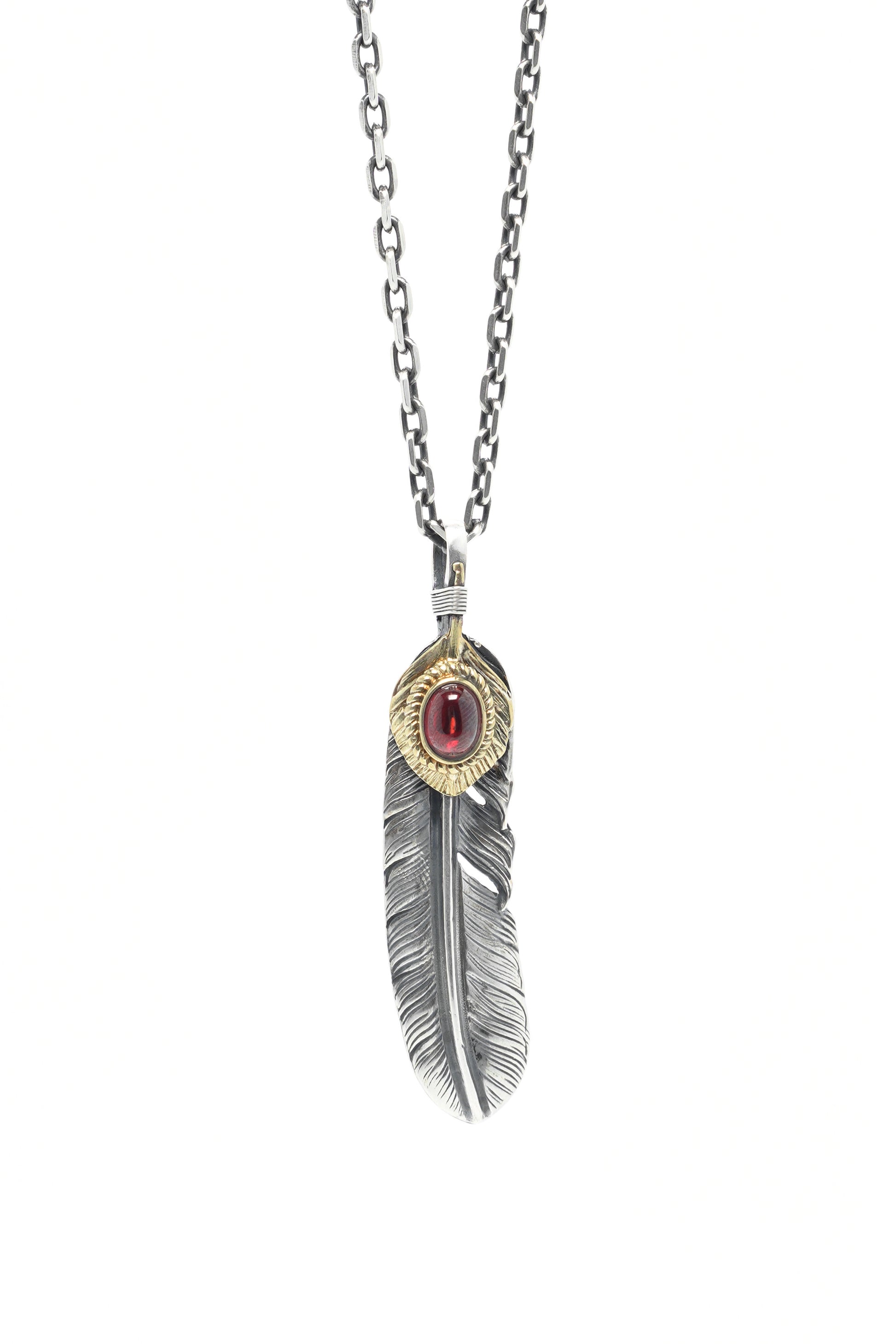 Left Feather Leaf Retro 925 Silver Goro Takahashi Pendant with Brass Red CZ