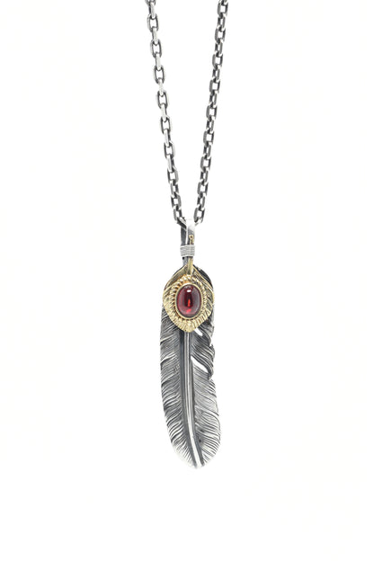 Left Feather Leaf Retro 925 Silver Goro Takahashi Pendant with Brass Red CZ