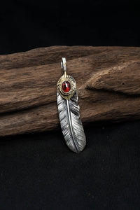 Left Feather Leaf Retro 925 Silver Goro Takahashi Pendant with Brass Red CZ