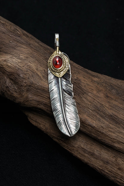 Left Feather Leaf Retro 925 Silver Goro Takahashi Pendant with Brass Red CZ