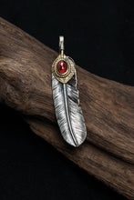 Load image into Gallery viewer, Left Feather Leaf Retro 925 Silver Goro Takahashi Pendant with Brass Red CZ
