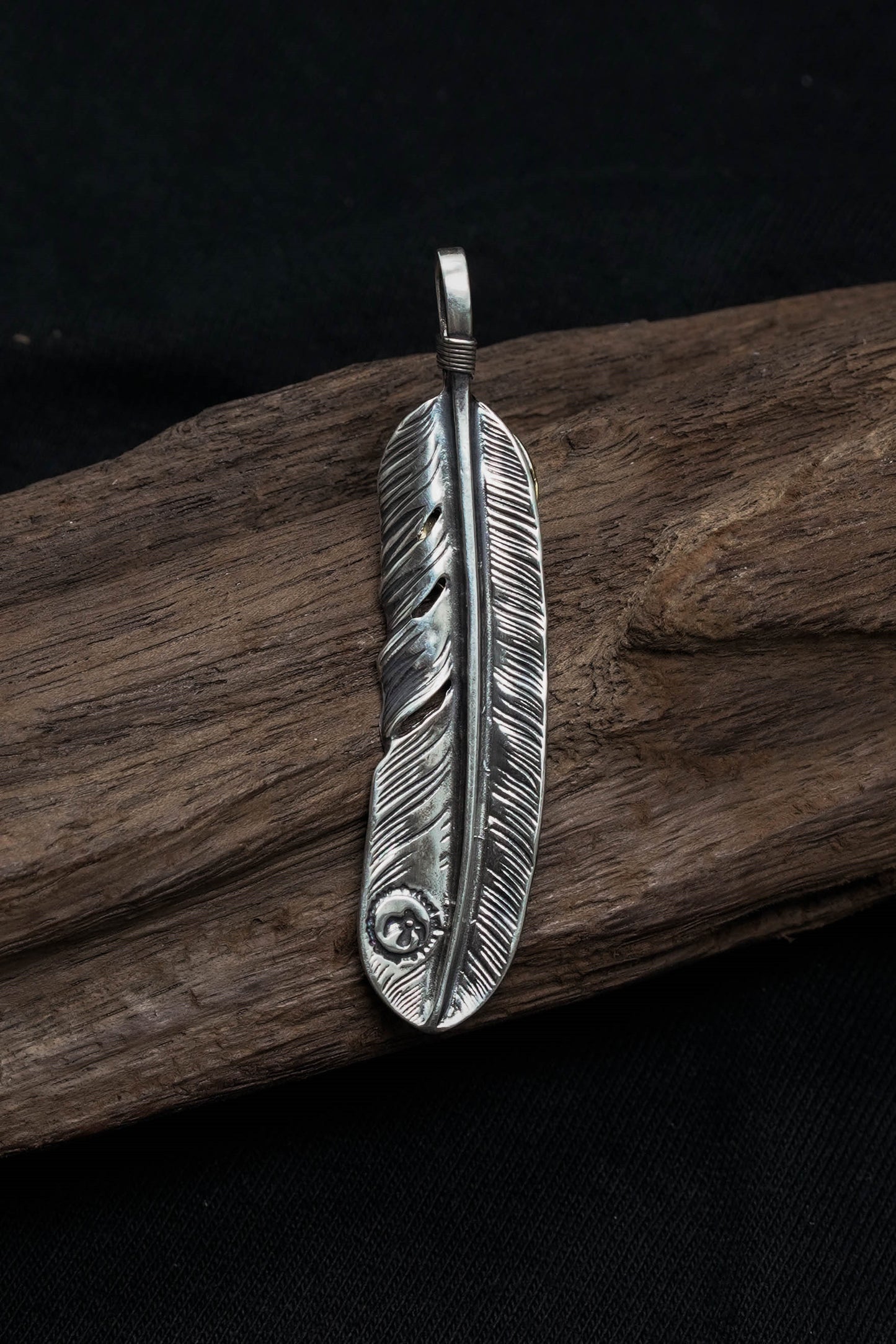 Left Feather Leaf Retro 925 Silver Goro Takahashi Pendant with Brass Red CZ
