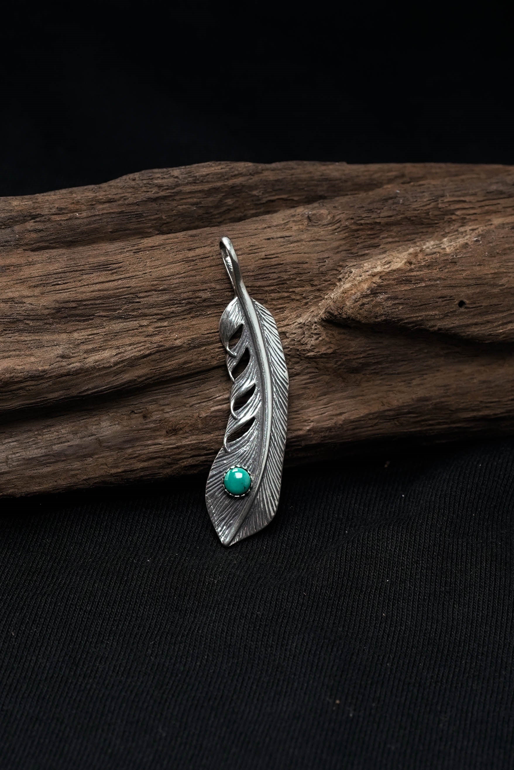 Feather Leaf Retro 925 Silver Goro Takahashi Pendant with Turquoise