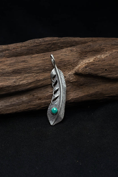 Feather Leaf Retro 925 Silver Goro Takahashi Pendant with Turquoise