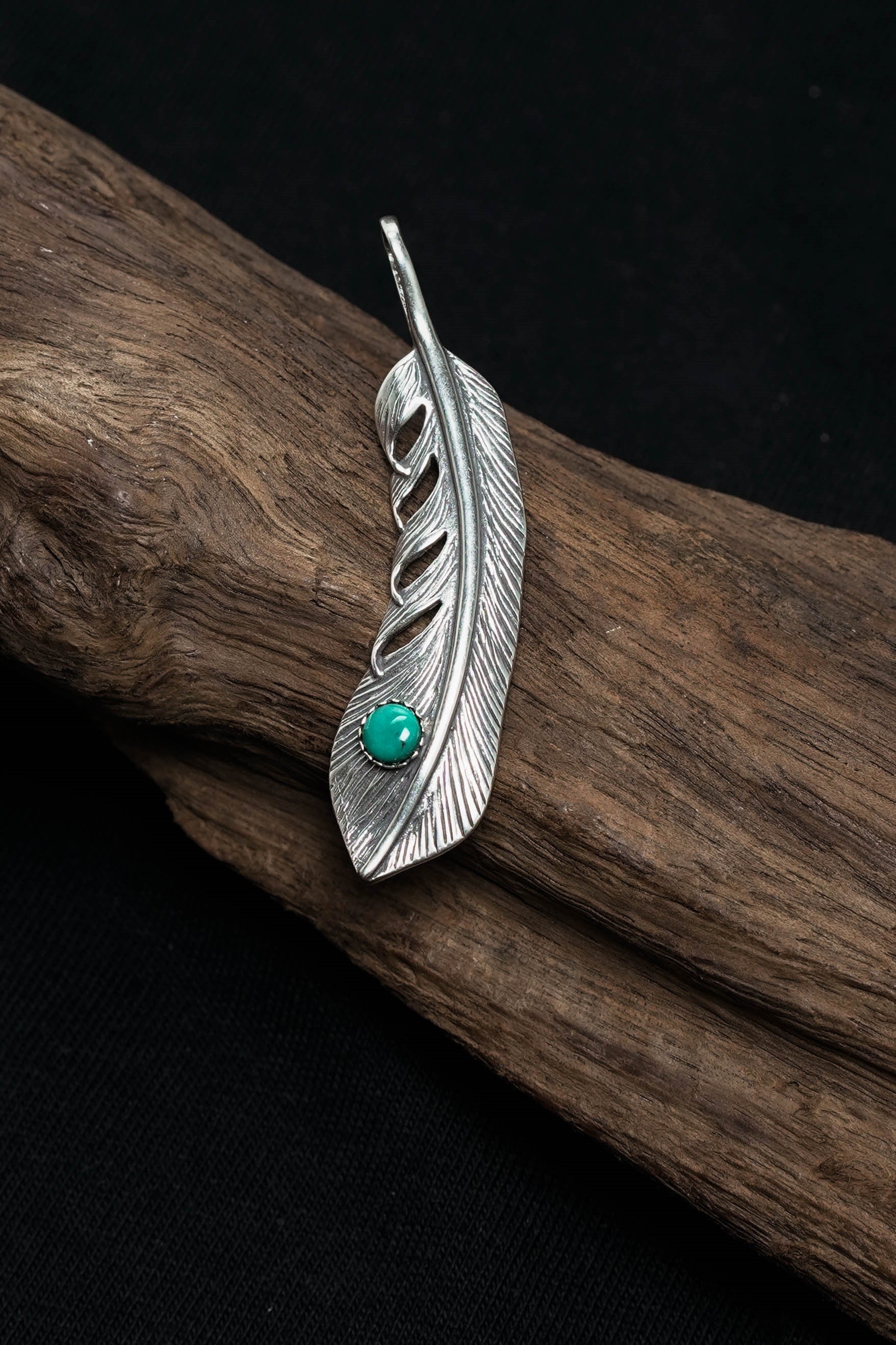 Feather Leaf Retro 925 Silver Goro Takahashi Pendant with Turquoise
