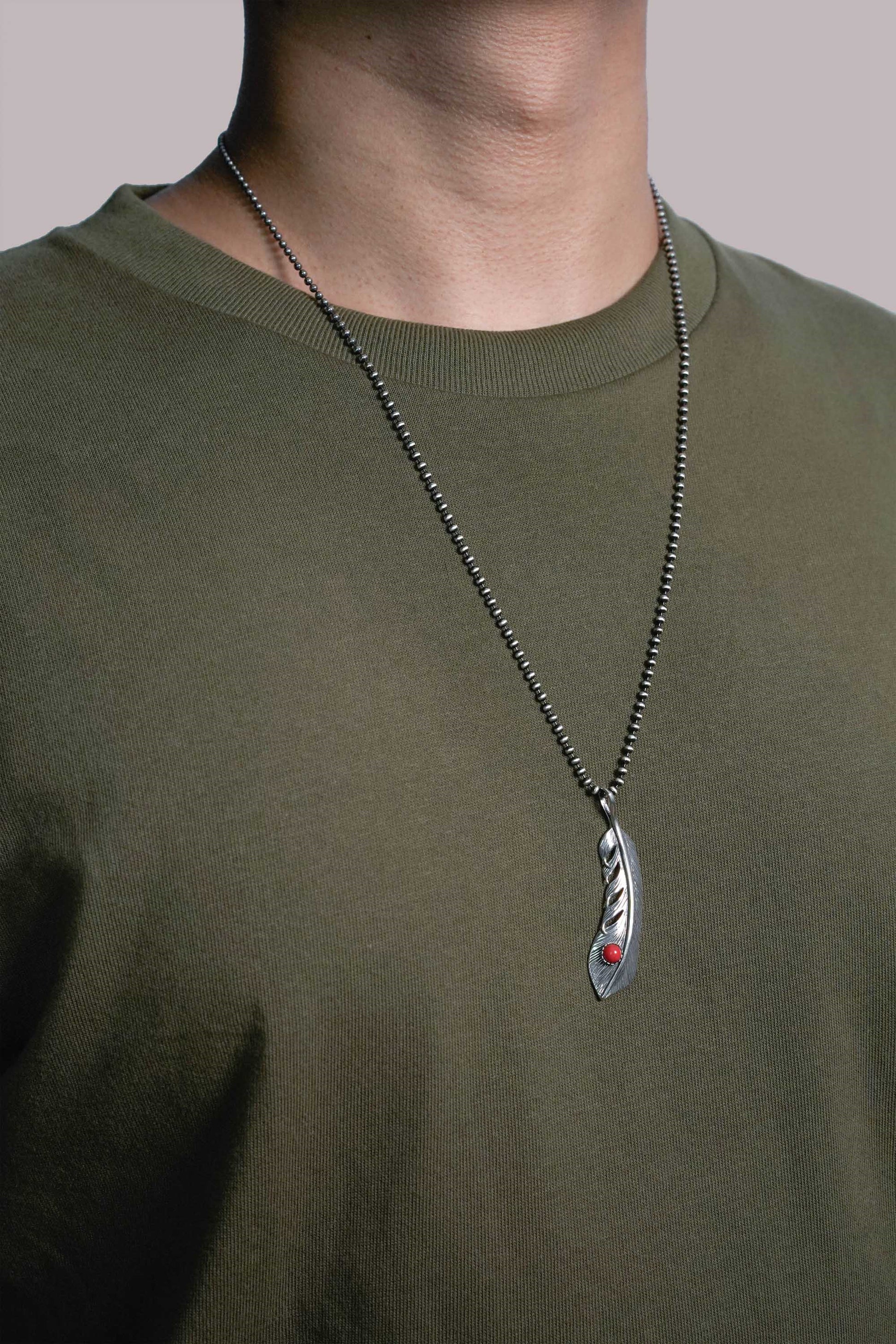 Feather Leaf Retro 925 Silver Goro Takahashi Pendant with Red Turquoise