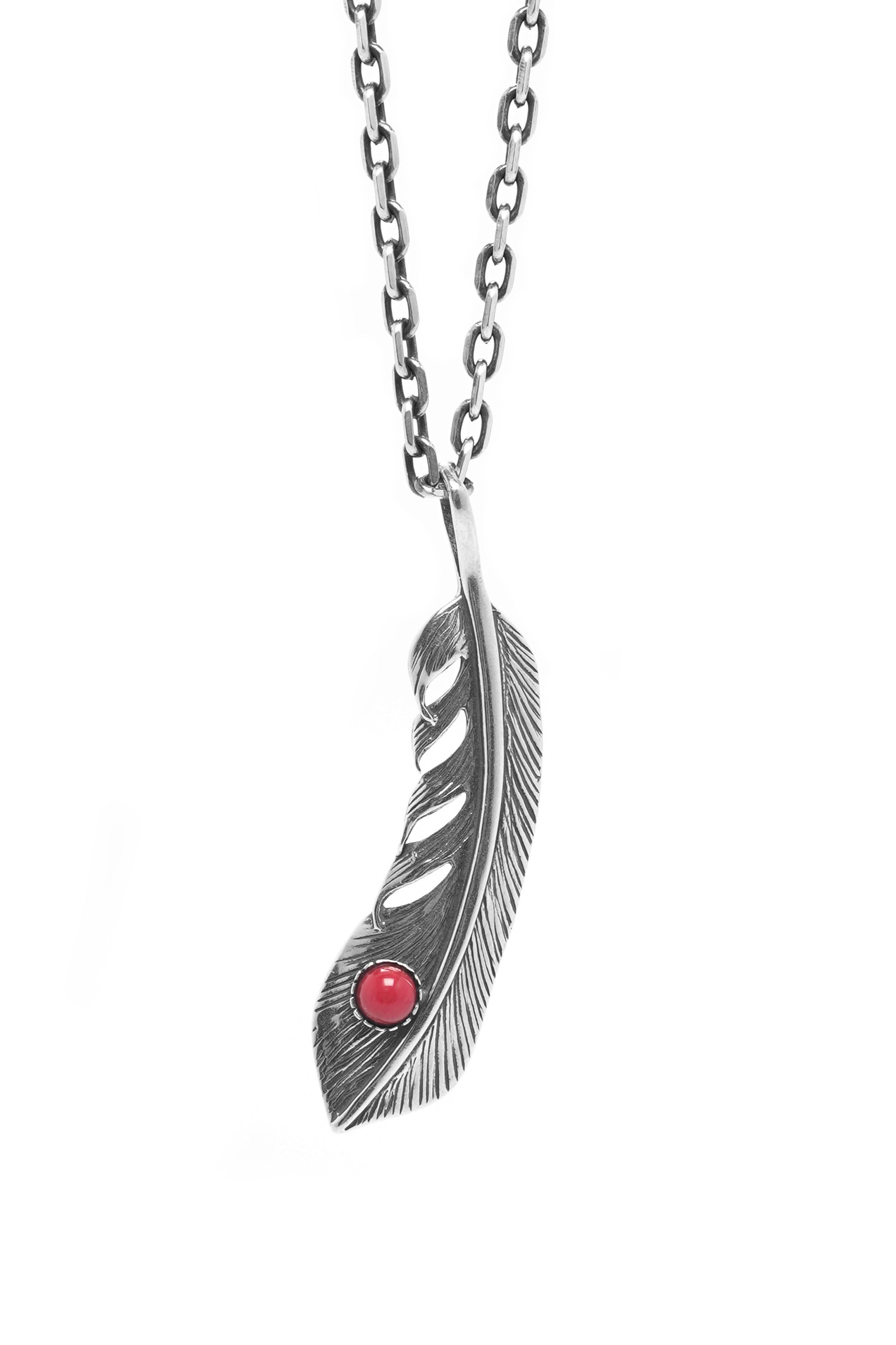 Feather Leaf Retro 925 Silver Goro Takahashi Pendant with Red Turquoise