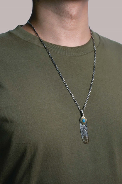 Left Feather Leaf Retro 925 Silver Goro Takahashi Pendant with Brass Turquoise