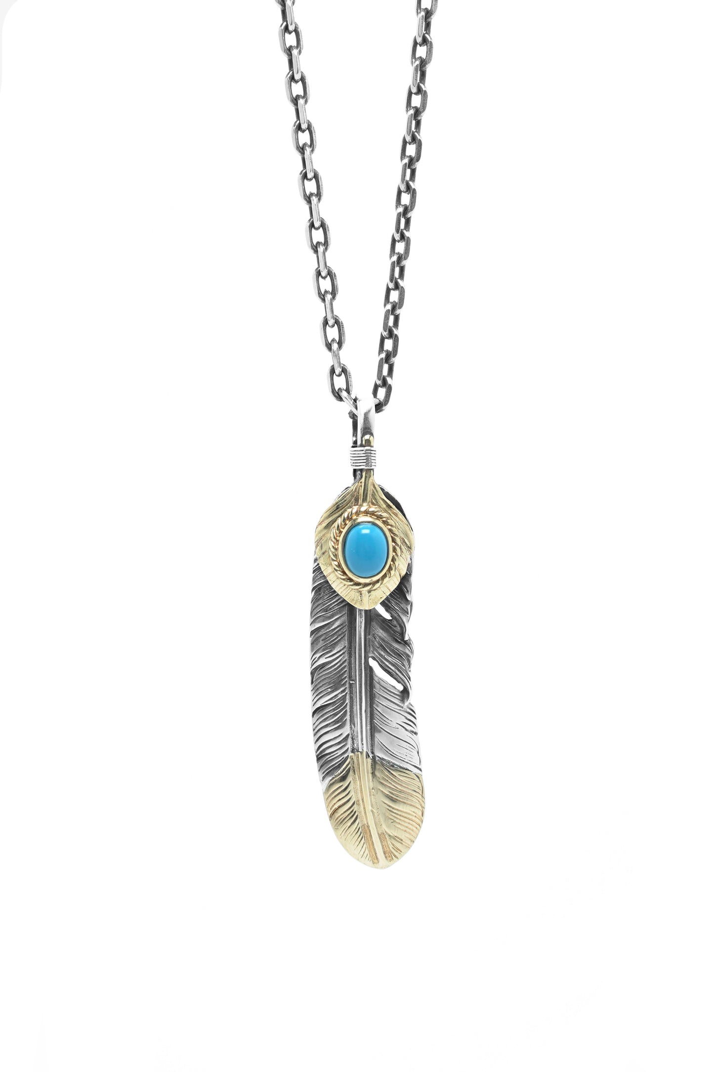 Left Feather Leaf Retro 925 Silver Goro Takahashi Pendant with Brass Turquoise