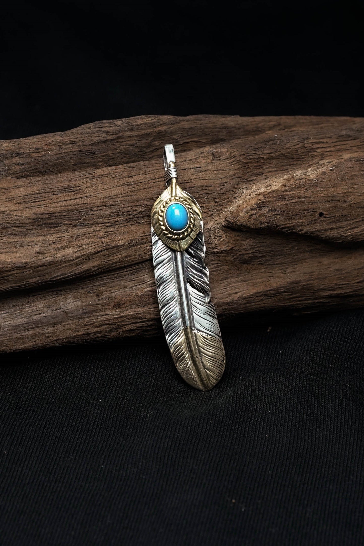 Left Feather Leaf Retro 925 Silver Goro Takahashi Pendant with Brass Turquoise