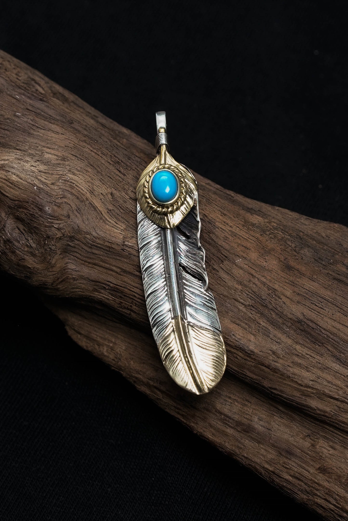 Left Feather Leaf Retro 925 Silver Goro Takahashi Pendant with Brass Turquoise