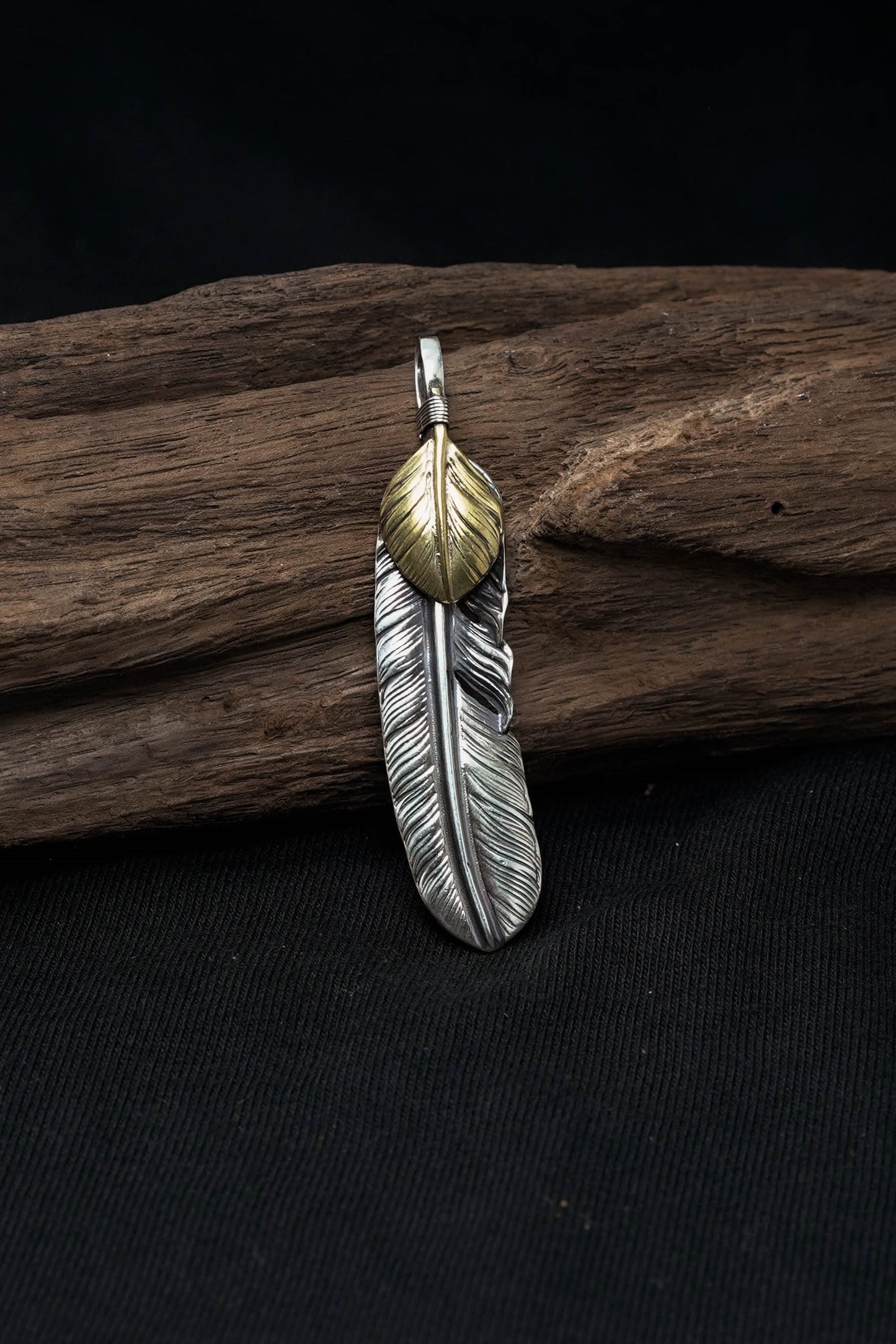 Left Feather Leaf Retro 925 Silver Goro Takahashi Pendant with Brass
