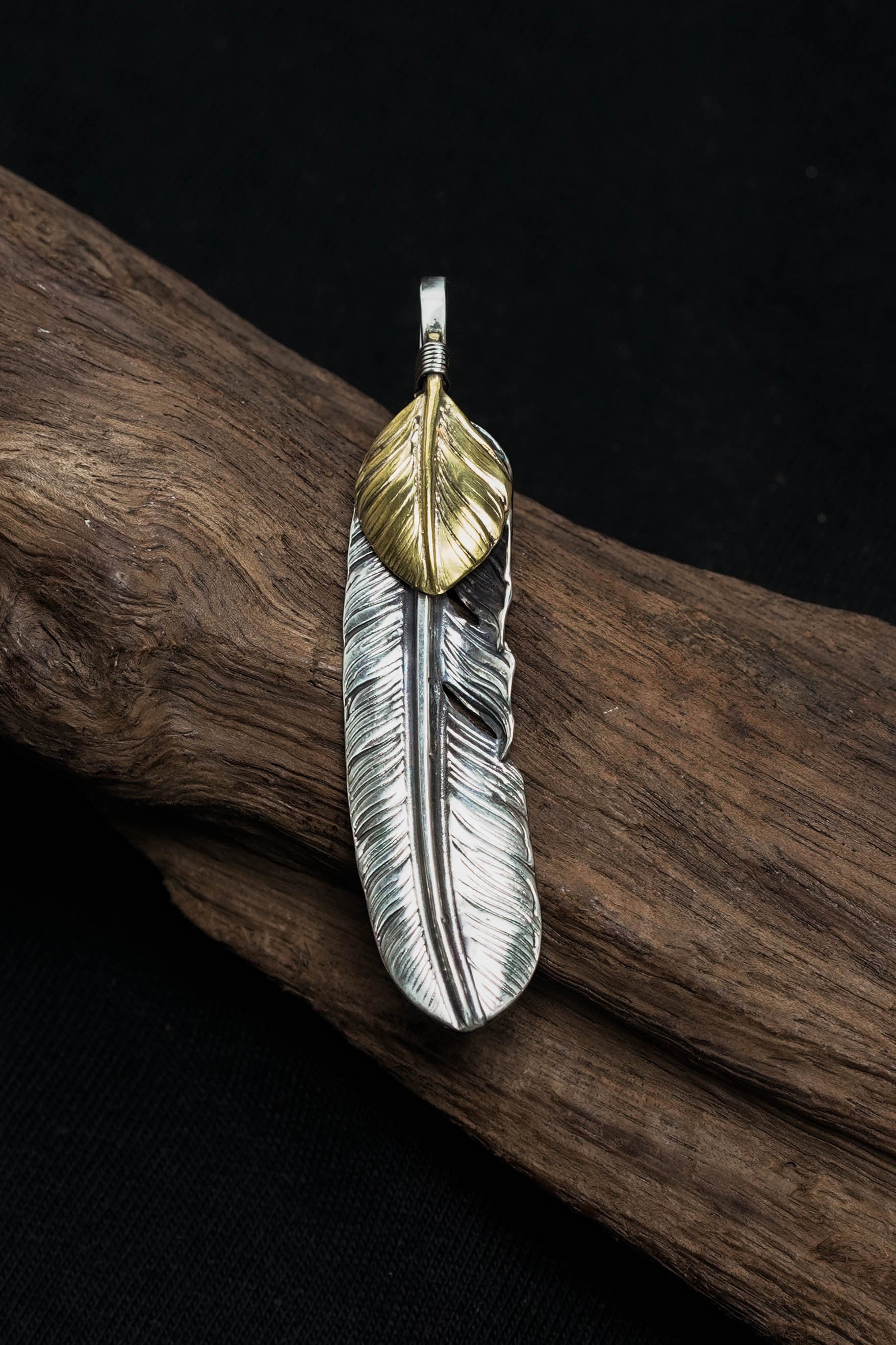 Left Feather Leaf Retro 925 Silver Goro Takahashi Pendant with Brass