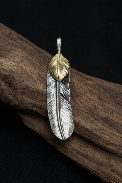 Left Feather Leaf Retro 925 Silver Goro Takahashi Pendant with Brass