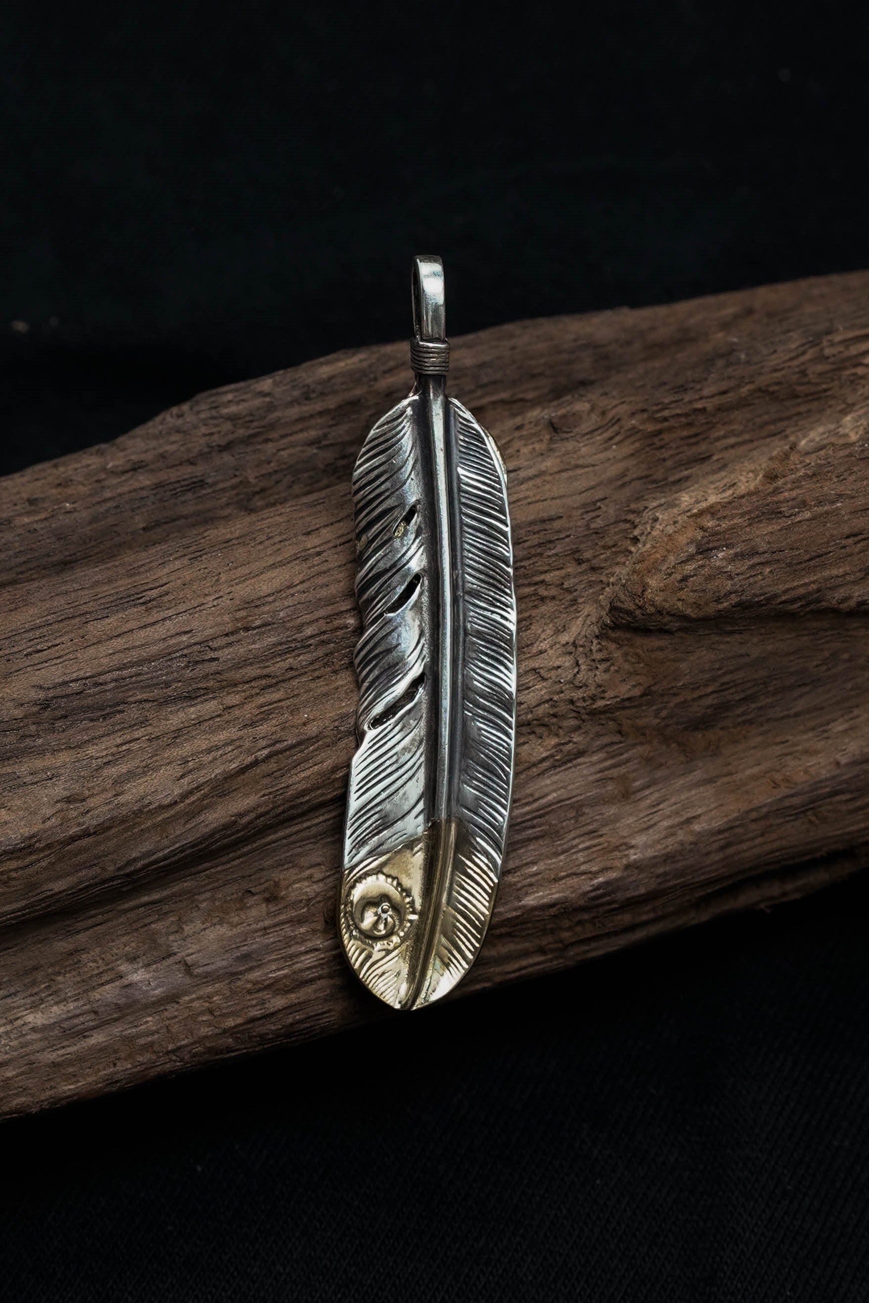 Left Feather Leaf Retro 925 Silver Goro Takahashi Pendant with Brass Turquoise