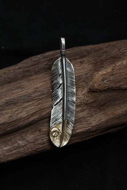 Left Feather Leaf Retro 925 Silver Goro Takahashi Pendant with Brass Turquoise