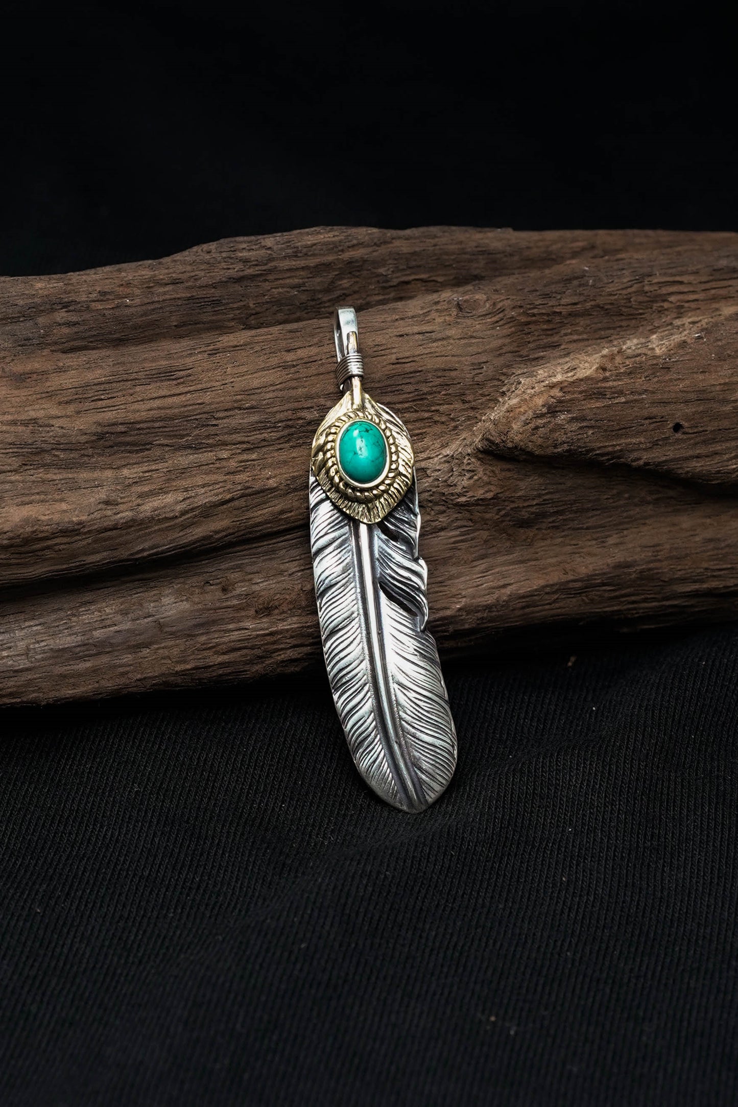 Left Feather Retro 925 Silver Goro Takahashi Pendant with Turquoise