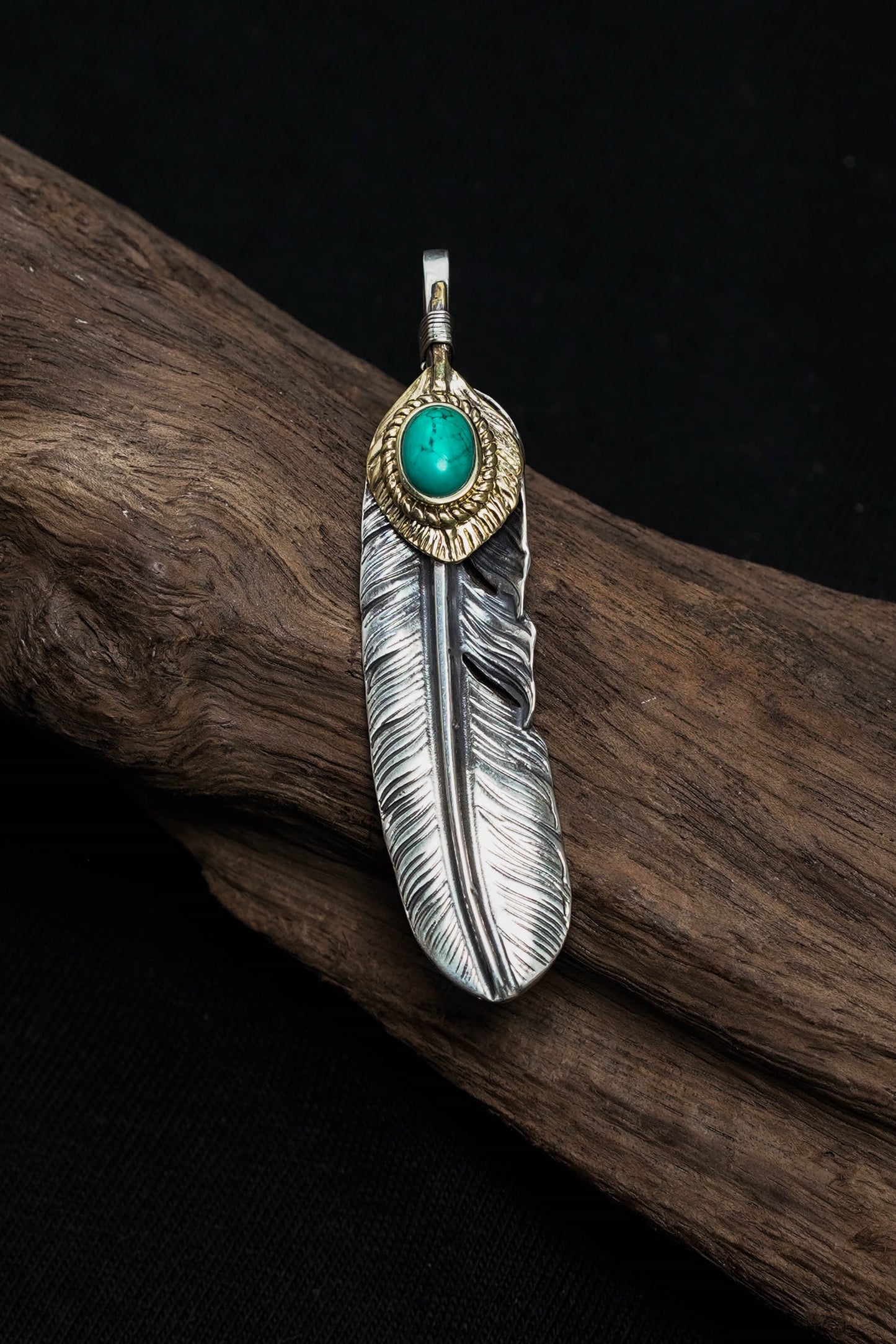 Left Feather Retro 925 Silver Goro Takahashi Pendant with Turquoise