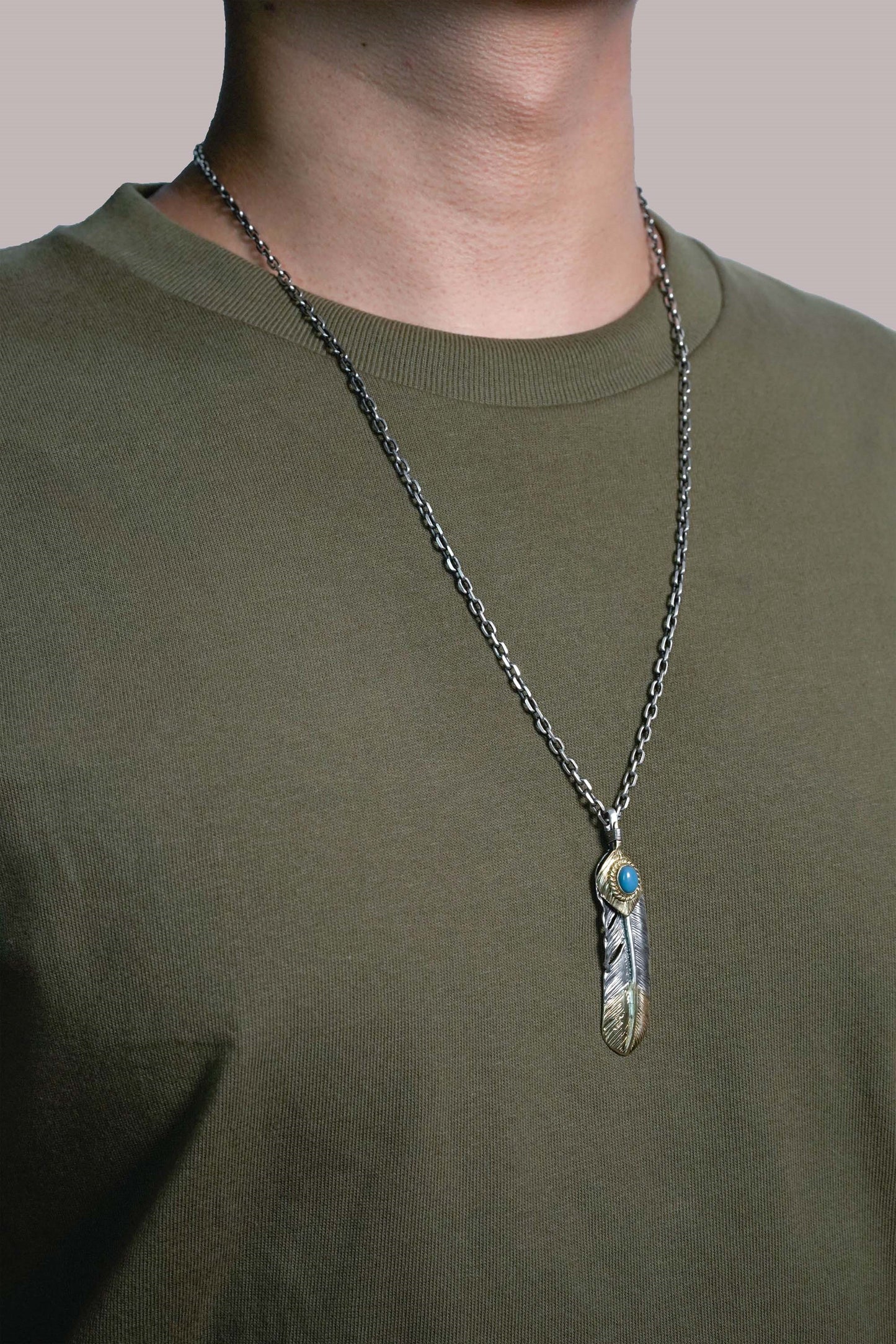 Right Feather Leaf Retro 925 Silver Goro Takahashi Pendant with Brass Turquoise