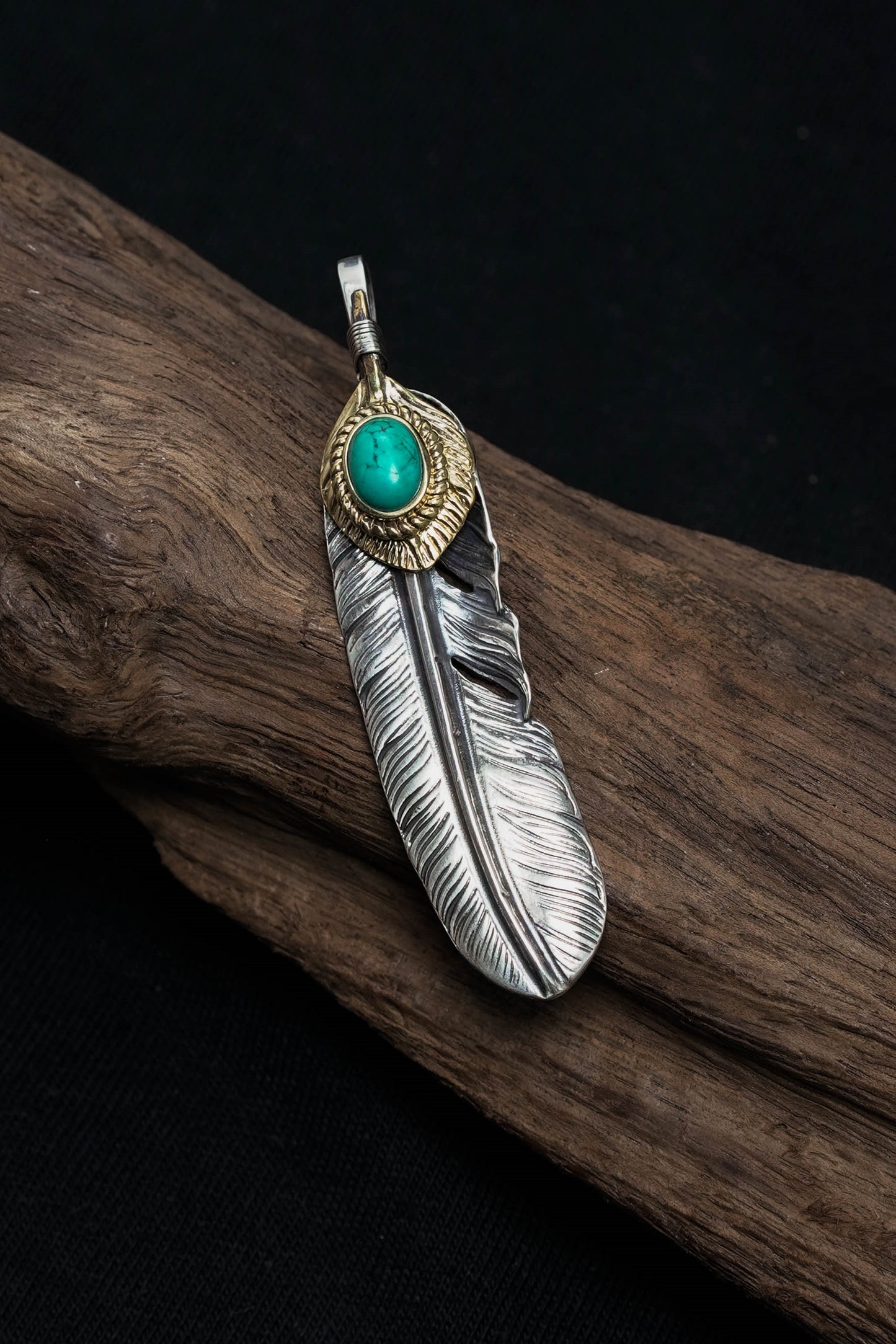 Left Feather Retro 925 Silver Goro Takahashi Pendant with Turquoise