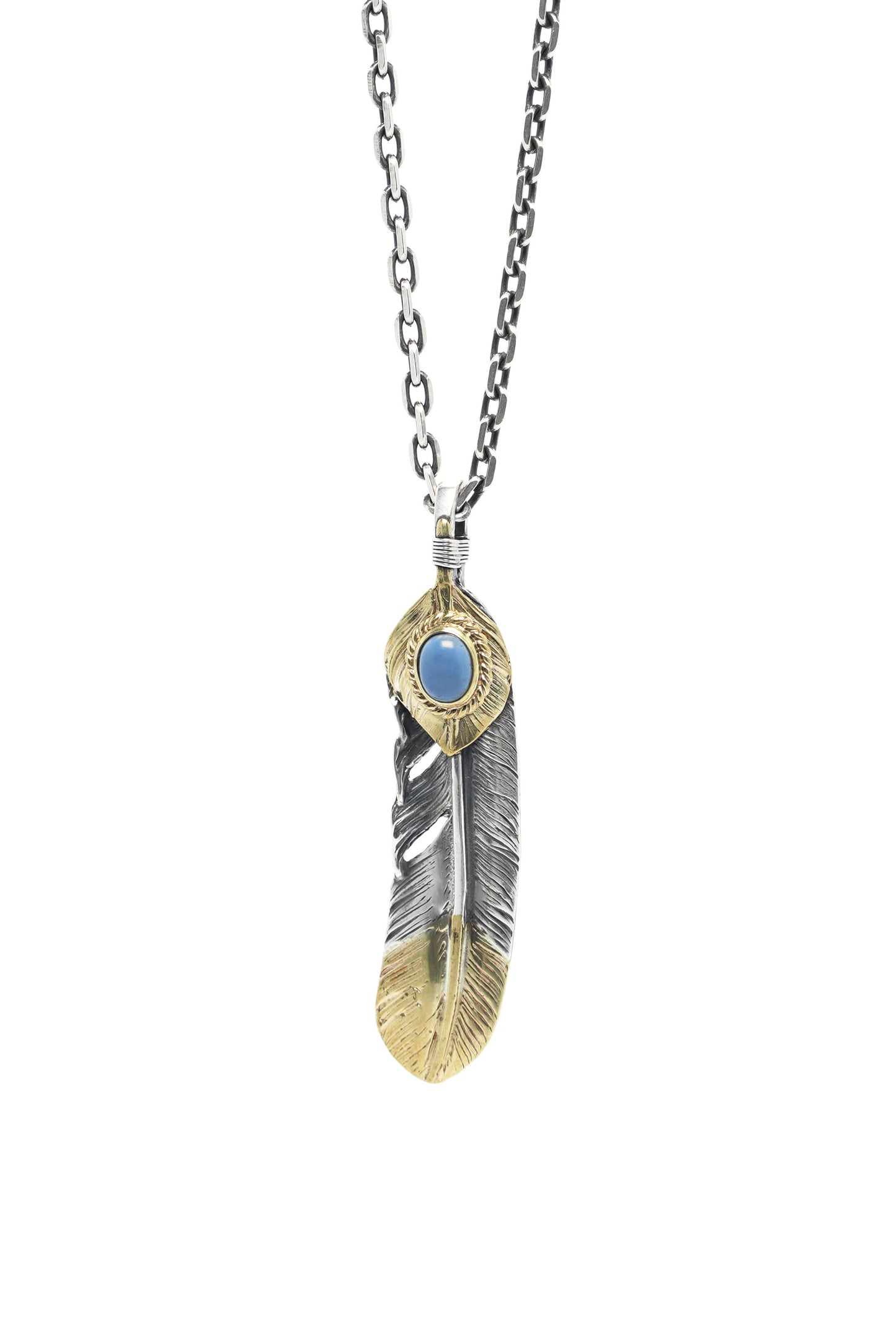 Right Feather Leaf Retro 925 Silver Goro Takahashi Pendant with Brass Turquoise