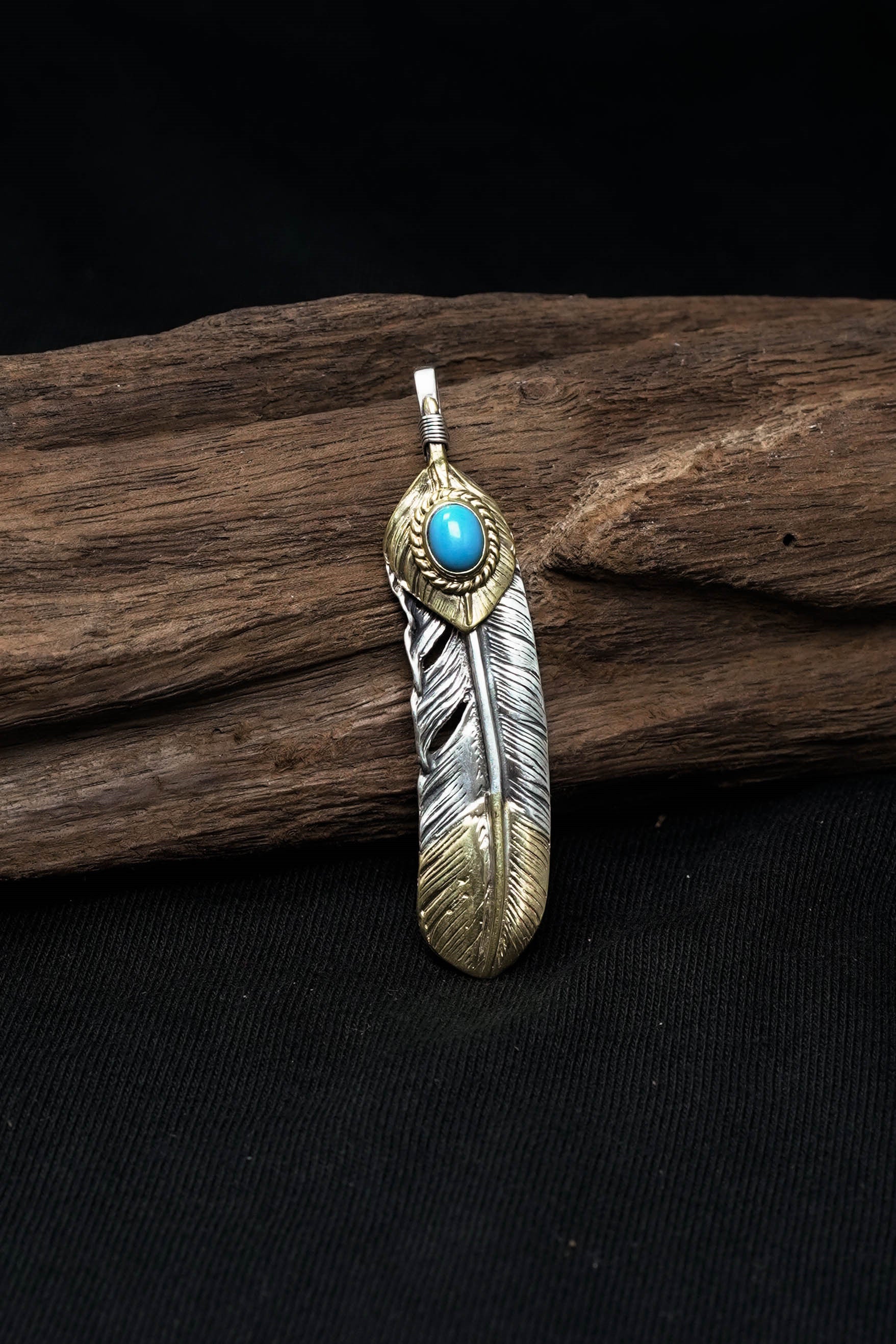 Right Feather Leaf Retro 925 Silver Goro Takahashi Pendant with Brass Turquoise