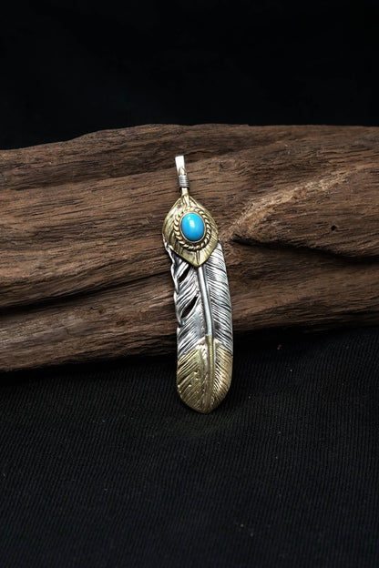 Right Feather Leaf Retro 925 Silver Goro Takahashi Pendant with Brass Turquoise