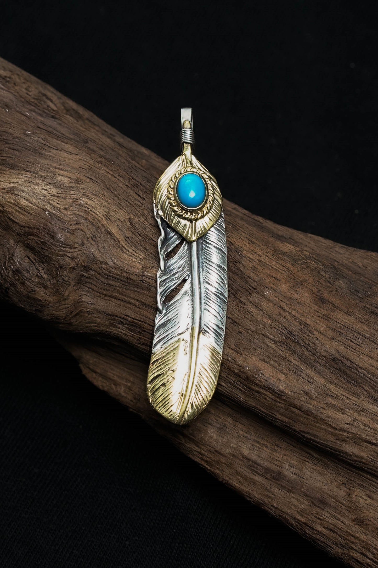 Right Feather Leaf Retro 925 Silver Goro Takahashi Pendant with Brass Turquoise