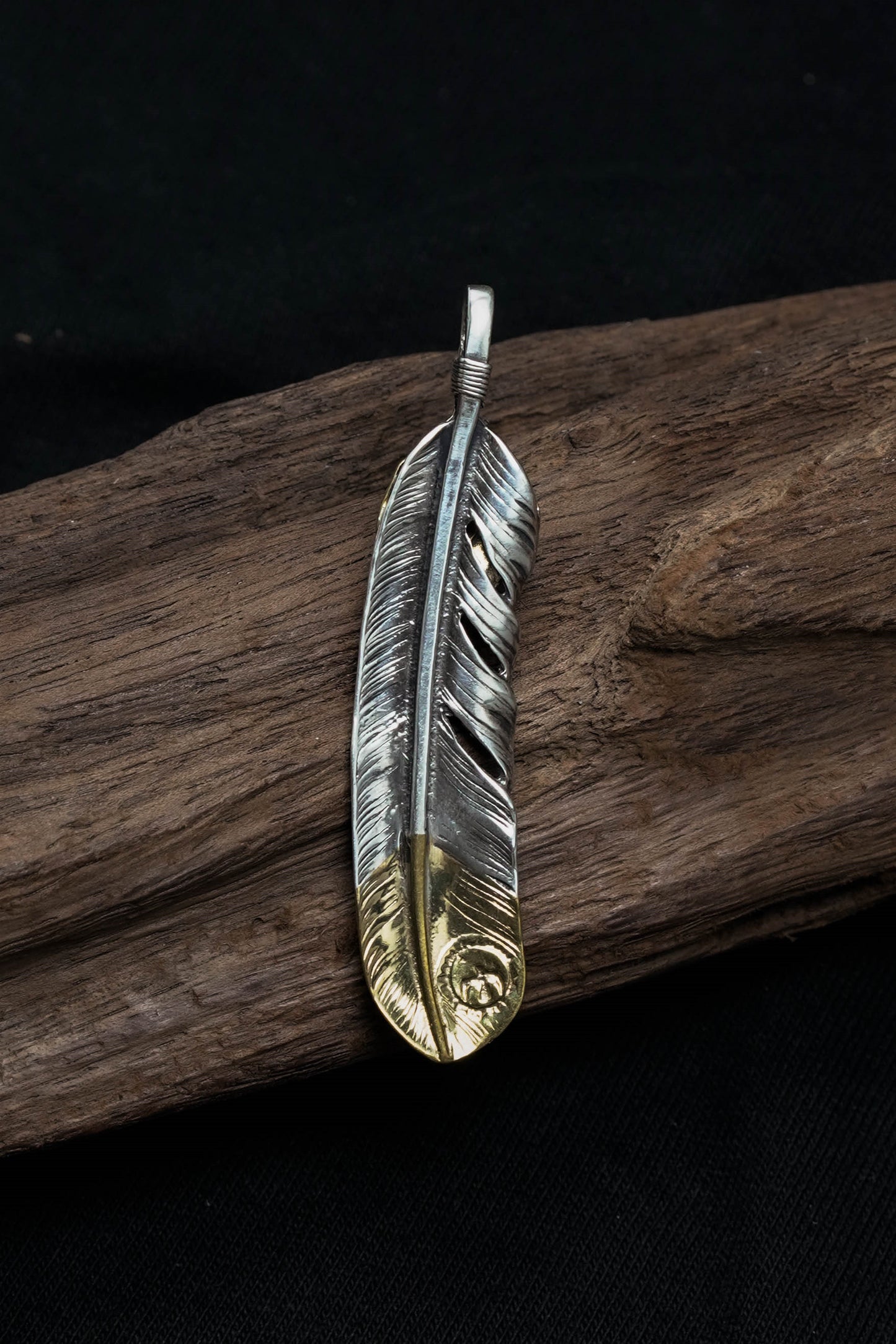 Right Feather Leaf Retro 925 Silver Goro Takahashi Pendant with Brass Turquoise