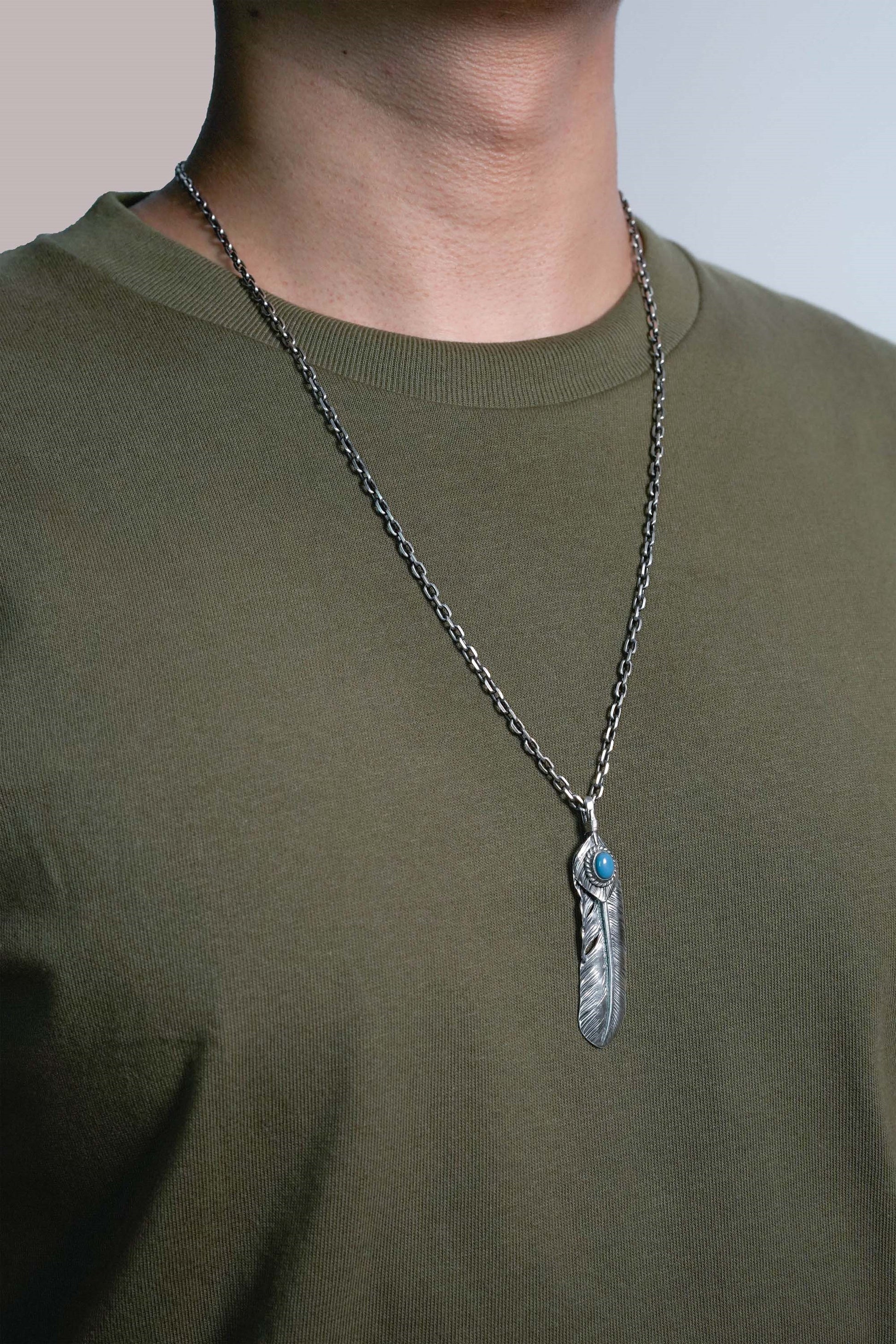 Right Feather Leaf Retro 925 Silver Goro Takahashi Pendant with Natural Turquoise