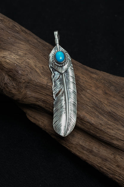 Right Feather Leaf Retro 925 Silver Goro Takahashi Pendant with Natural Turquoise