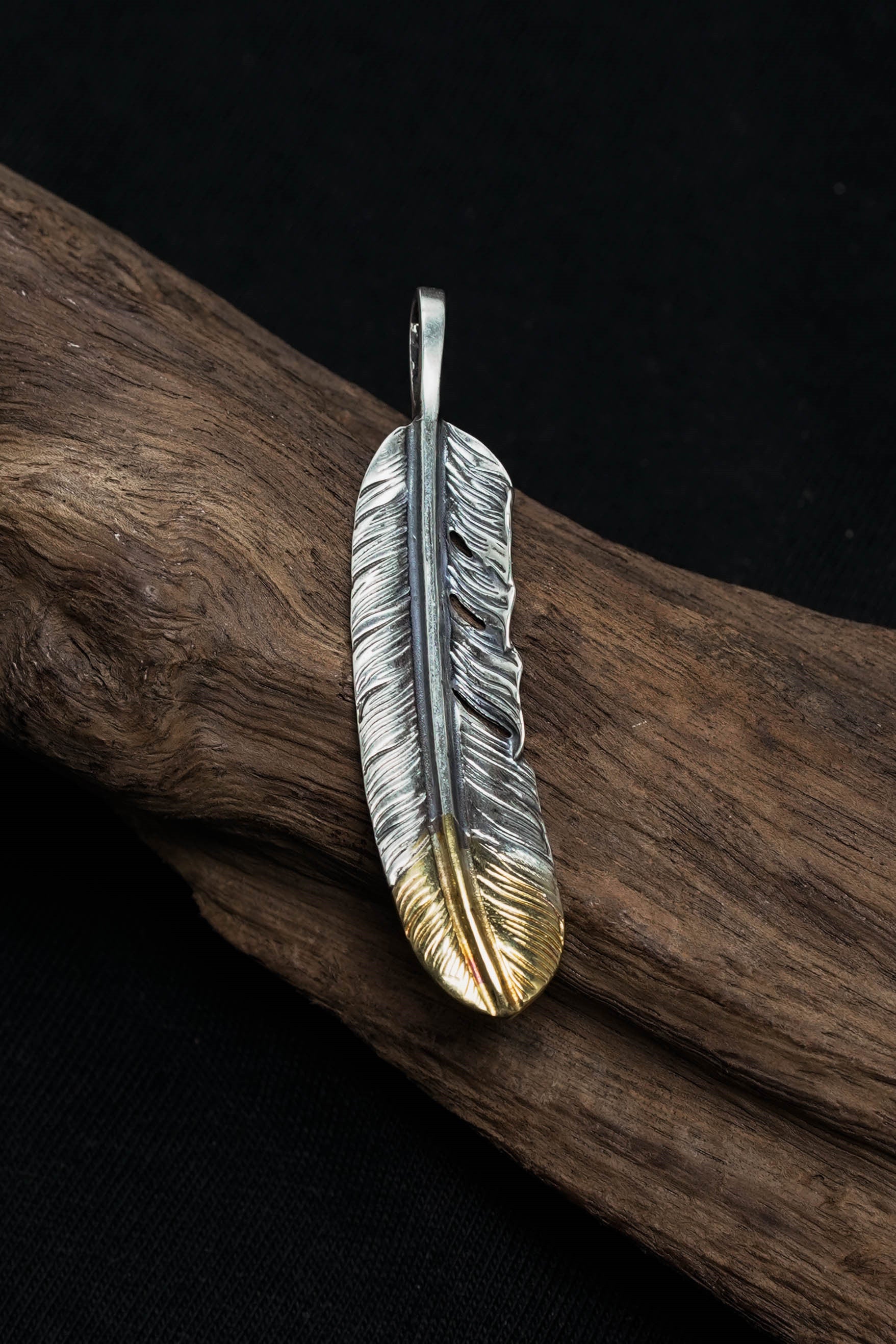 Left Feather Retro 925 Silver Goro Takahashi Pendant with Brass